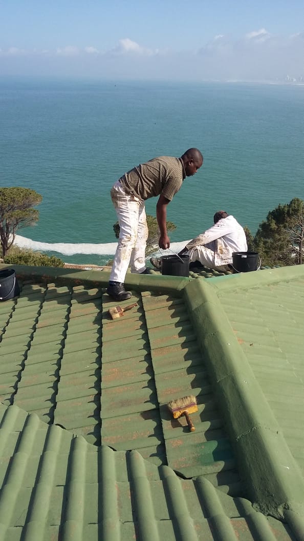 Team roof painting with coastal backdrop